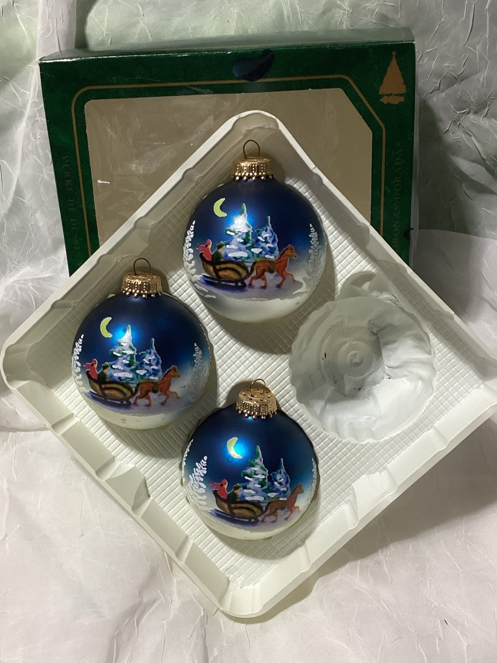 Christmas By Krebs Glass Sleigh Ride Holiday Tree Ornaments in Box x3 USA